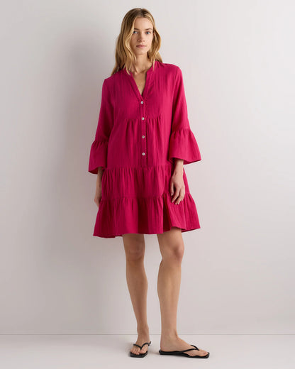 100% Organic Cotton Gauze Long Sleeve Tiered Mini Dress - XS / Amaranth Pink