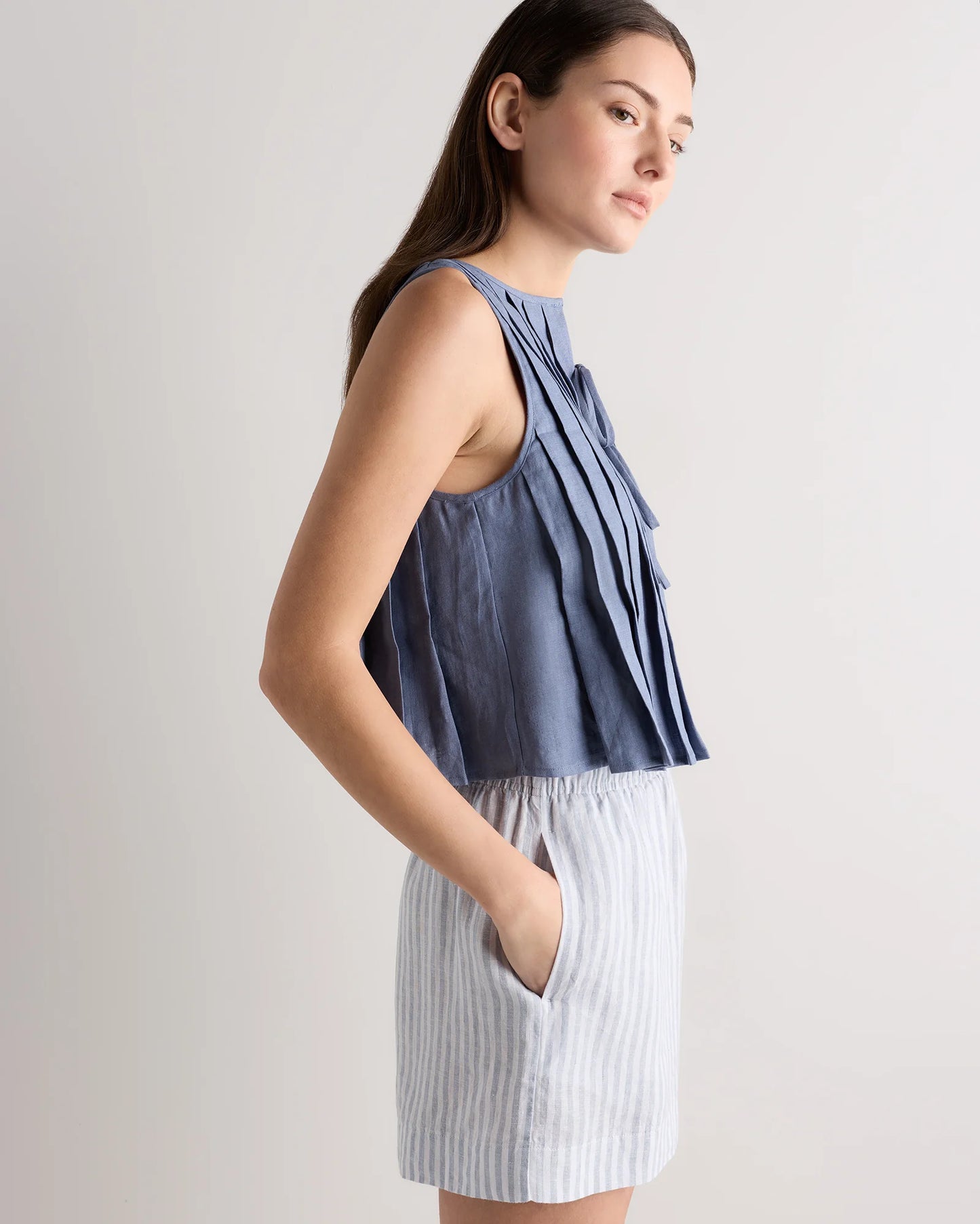 100% European Linen Pleated Tank - XS / Moonstone Blue