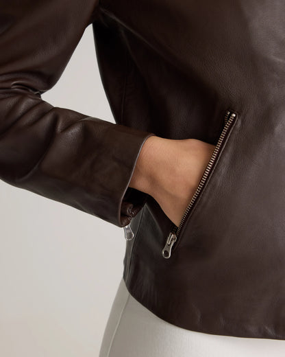 100% Washed Leather Biker Jacket - XS / Brown