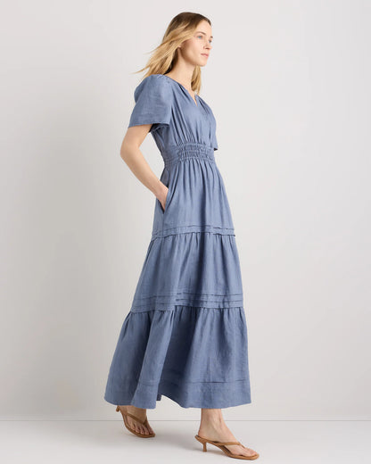 100% European Linen Tiered Maxi Dress - XS / Ivory Porcelain Blue Petite Floral
