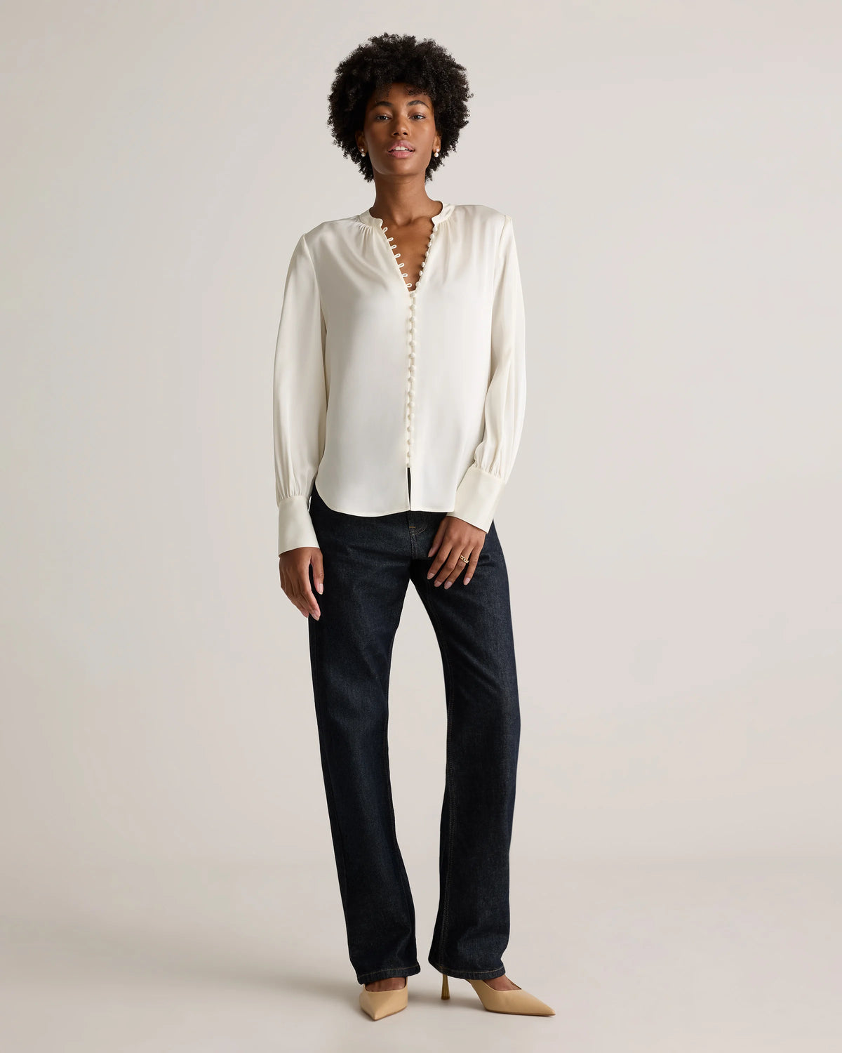 Washable Stretch Silk Peasant Blouse - XS / Ivory