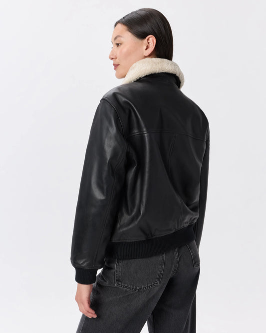 100% Leather Shearling Trim Aviator Jacket - XS / True Black