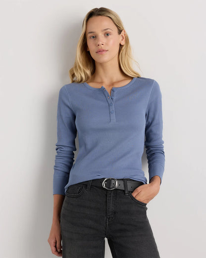Organic Cotton Micro-Rib Henley Long Sleeve Tee - XS / Heather Oatmeal