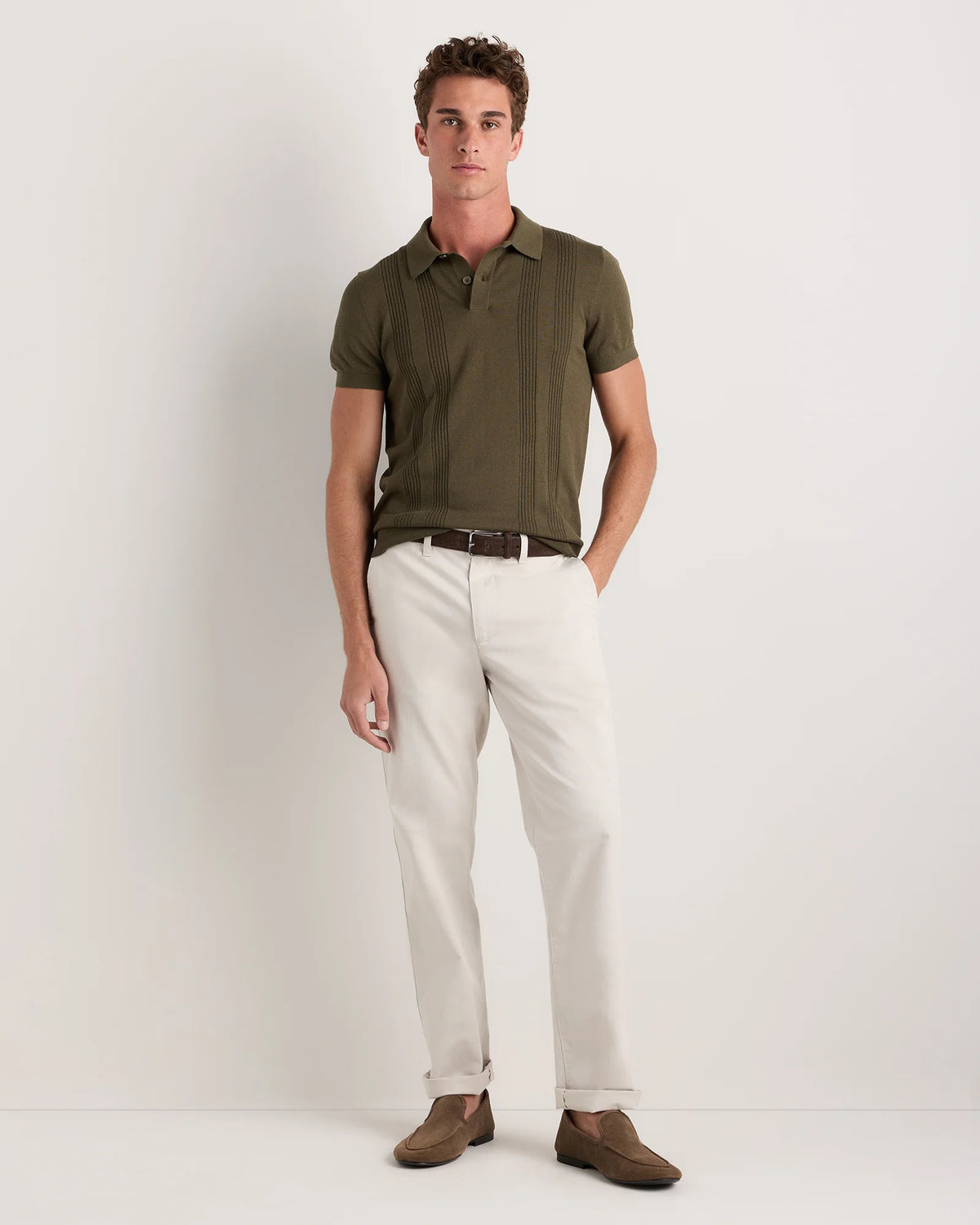 Cotton-Silk Ribbed Short Sleeve Sweater Polo - S / Speckled Beige