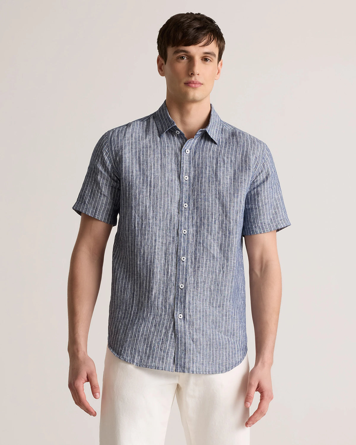 100% European Linen Relaxed Short Sleeve Shirt - XS / Taupe Brown Chambray