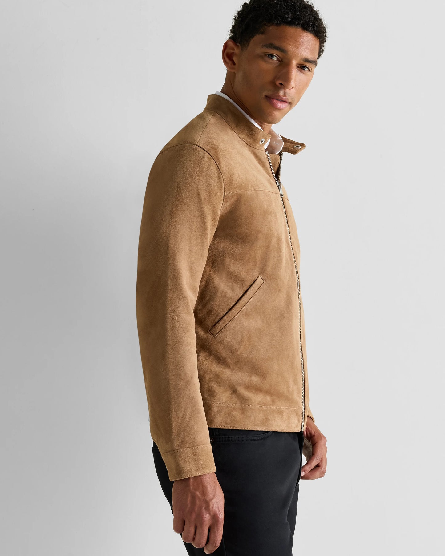 100% Suede Café Racer Jacket - S / Pecan Brown