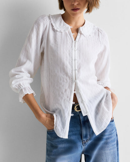 Embroidered Cotton Ruffle Collar Long Sleeve Blouse - XS / Ivory Rose Pink Petite Floral