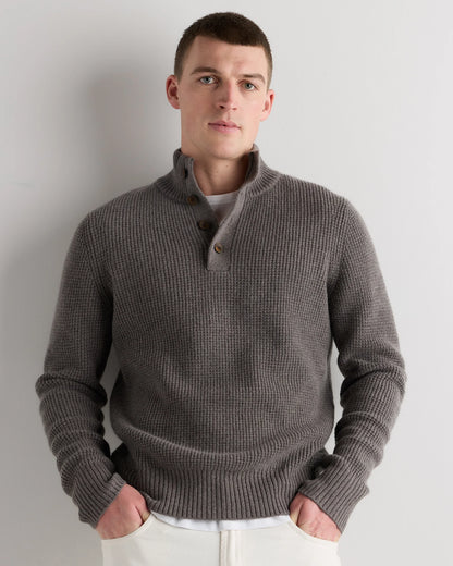 Mongolian Cashmere Waffle Quarter Button Sweater - S / Elk Brown