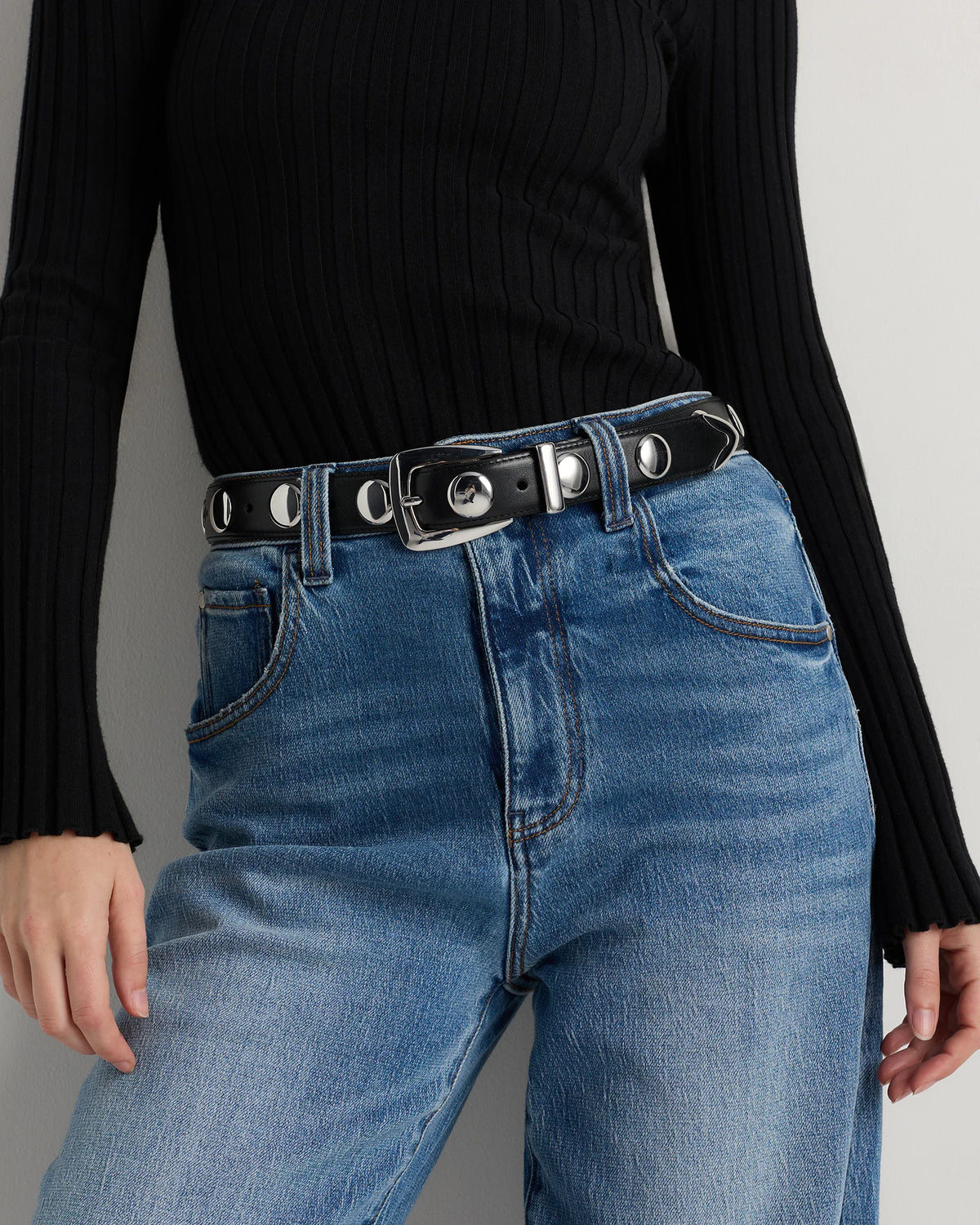 Alyssa European Leather Studded Belt - XS / Black/Silver
