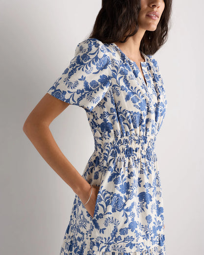 100% Organic Cotton Poplin Tiered Maxi Dress - XS / Riviera Blue Heirloom Floral