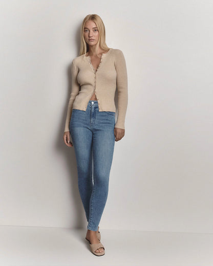 Cotton Cashmere Fitted Ribbed Cardigan - XS / Mocha Heather
