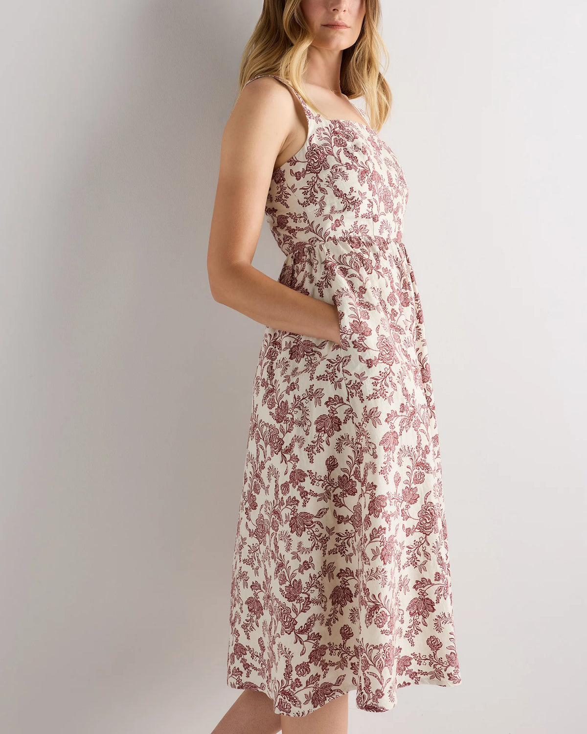 100% European Linen Fit & Flare Midi Dress - XS / Brick Red Heirloom Floral