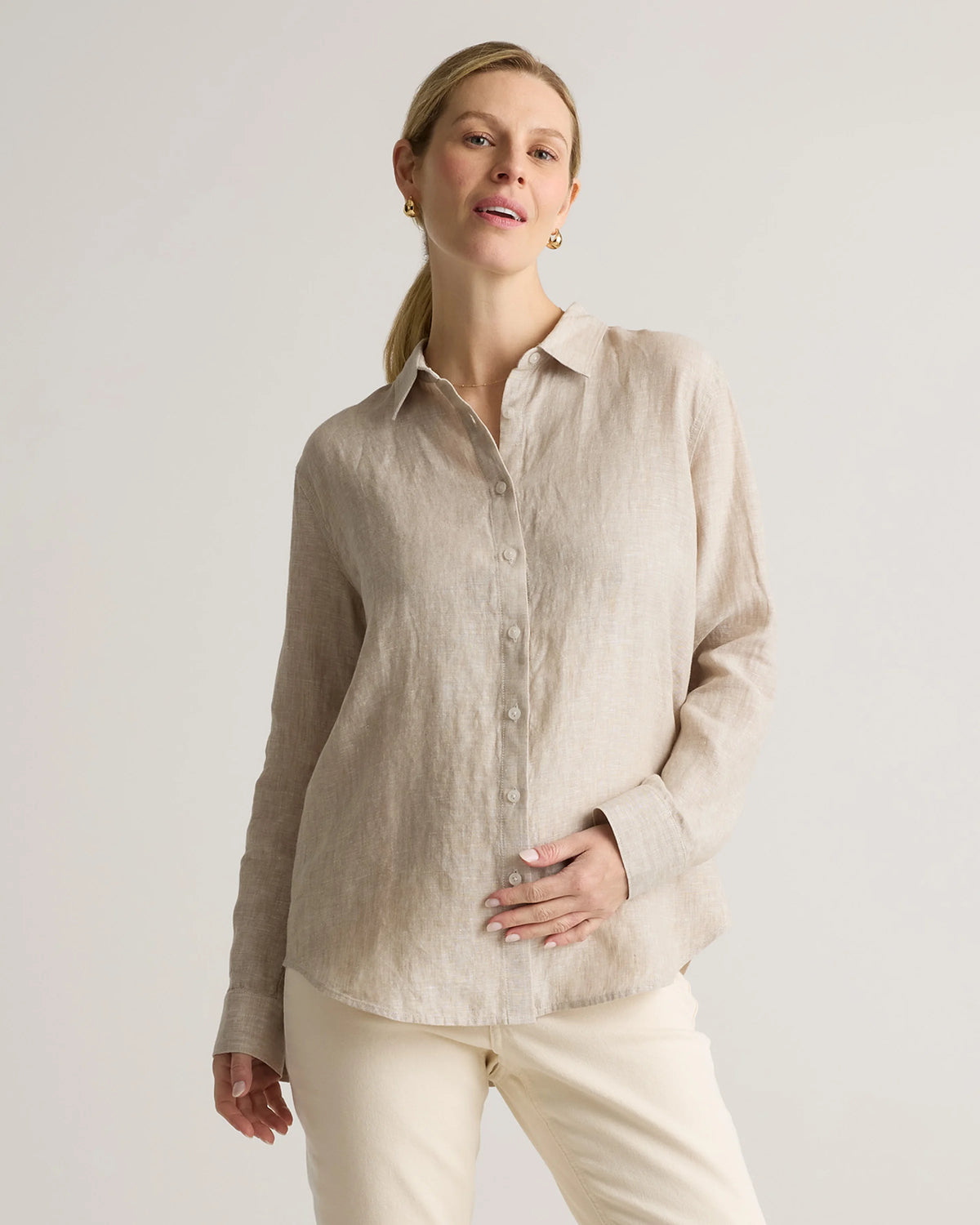 100% European Linen Maternity Long Sleeve Shirt - XS / Blue Pinstripe