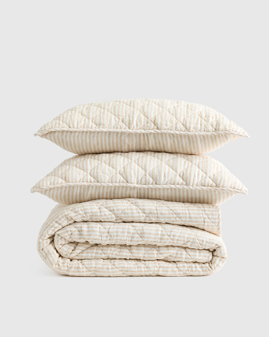 European Linen Stripe Quilt Set - Twin / Natural/White Stripe