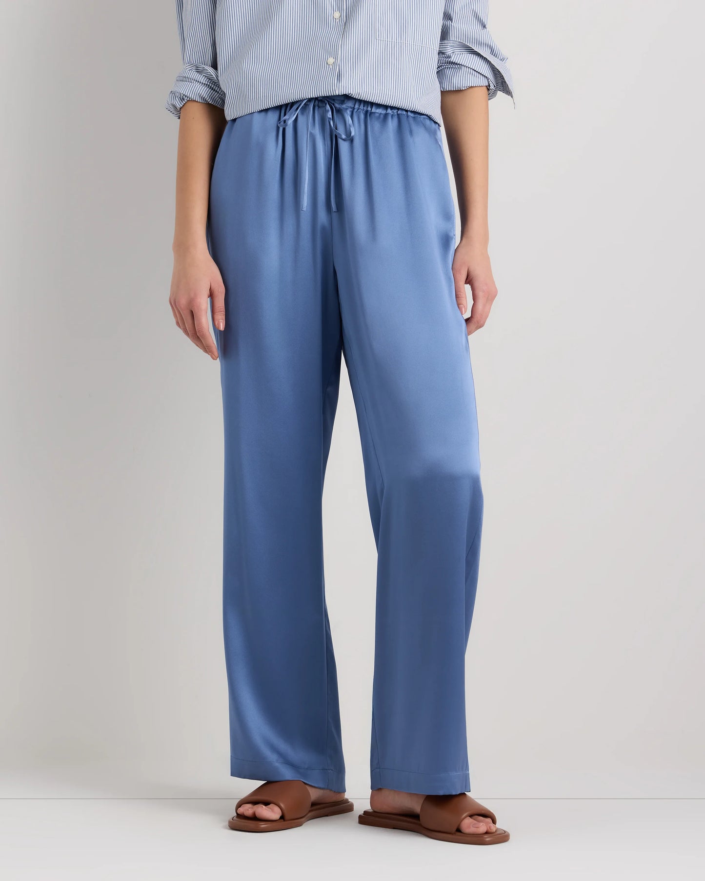 100% Washable Silk Drawstring Wide Leg Pants - XS / Champagne