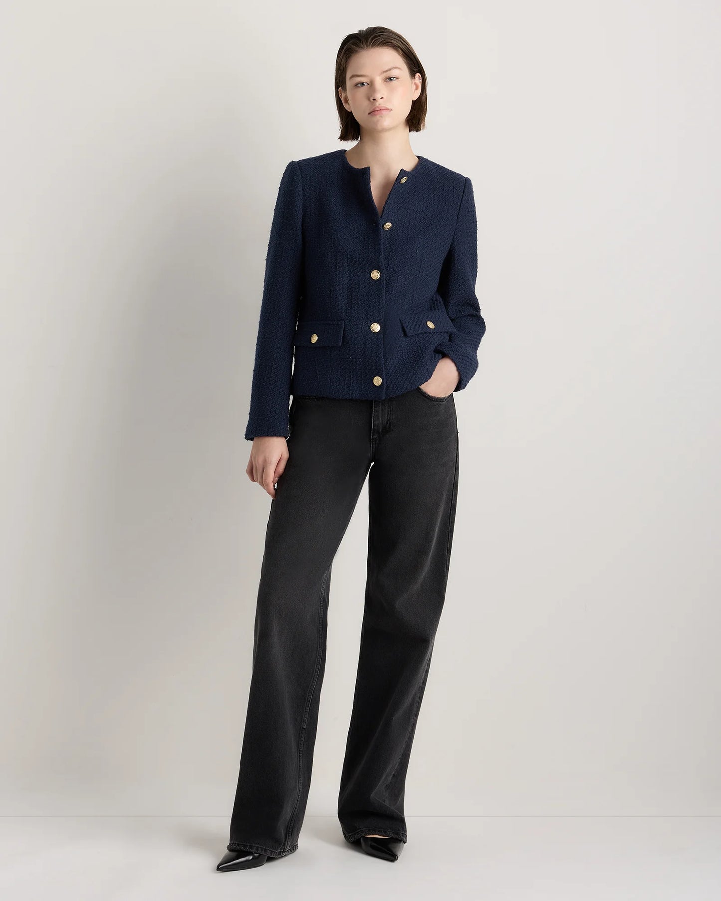 Tweed Collarless Jacket - XS / Deep Navy
