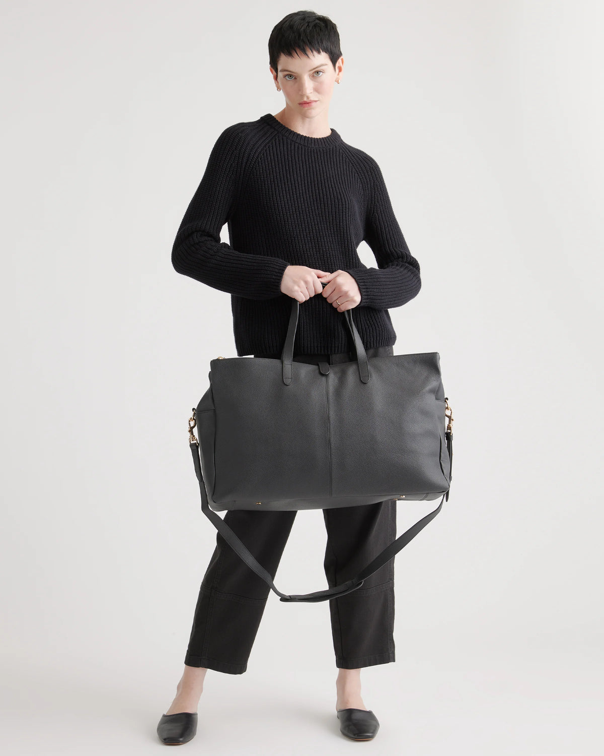 Italian Leather Triple Compartment Weekender - One Size / Black