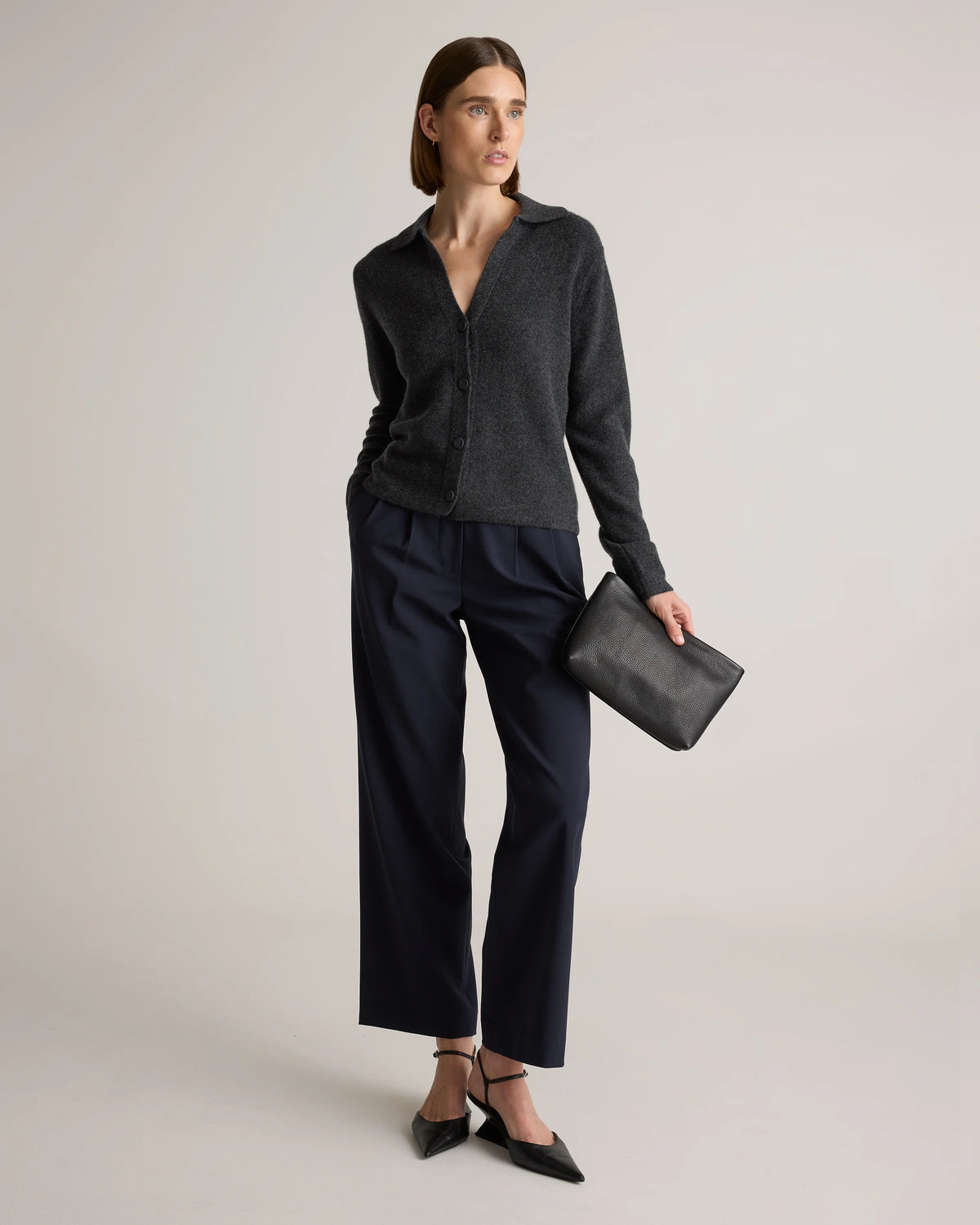 Mongolian Cashmere Collared Cardigan - XS / Heather Charcoal