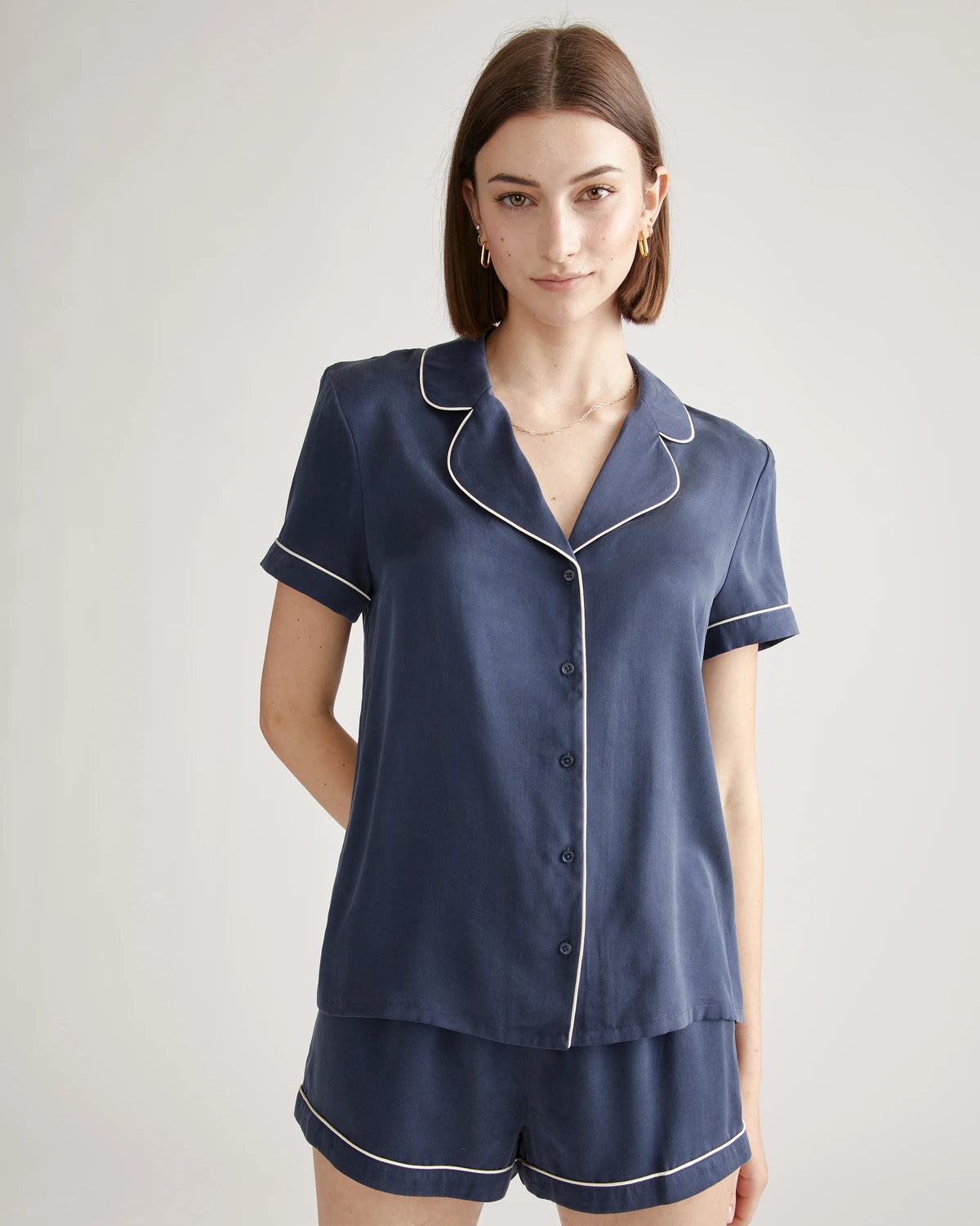 100% Washable Silk Pajama Short with Piping - XS / Indigo