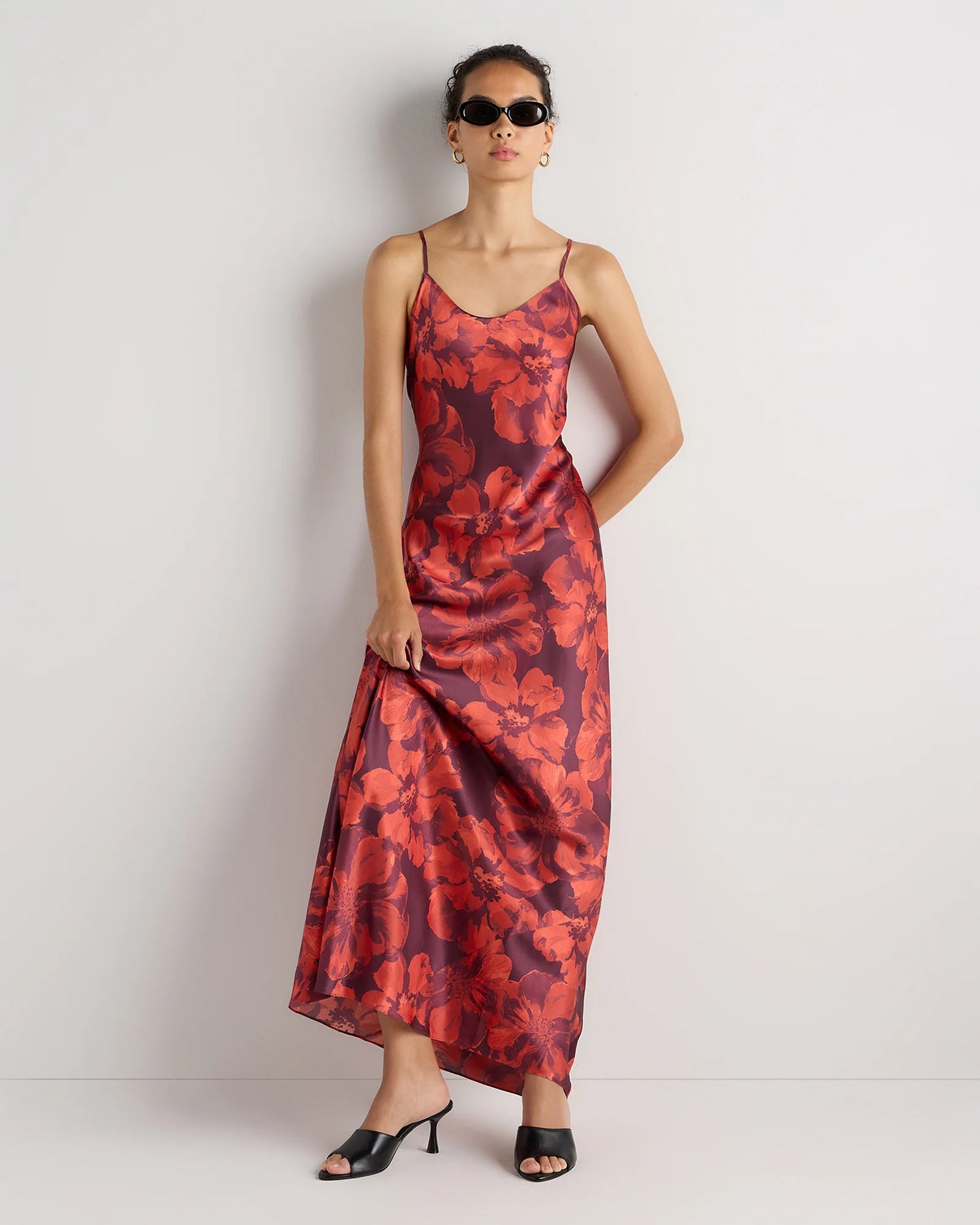 100% Washable Silk Maxi Slip Dress - XS / Cordovan Red Hibiscus