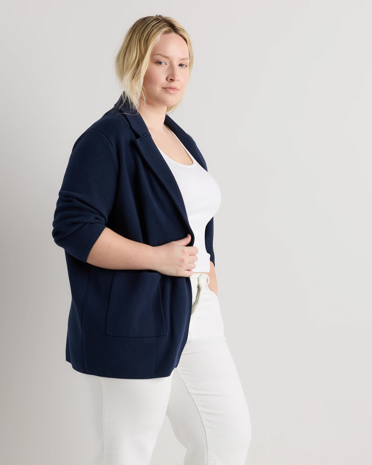 100% Organic Cotton Knit Blazer - 1X / Navy