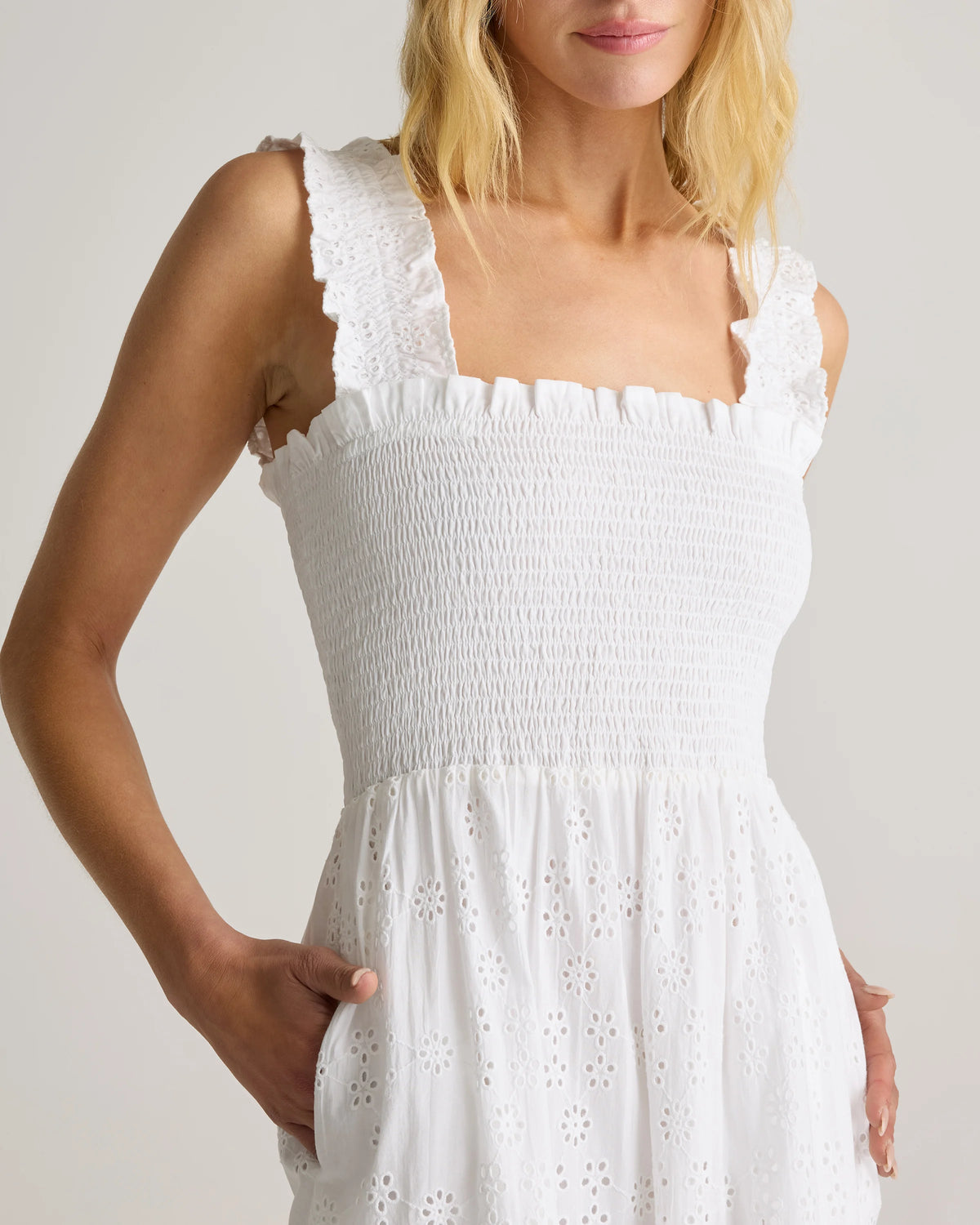 100% Organic Cotton Eyelet Smocked Midi Dress - XS / White