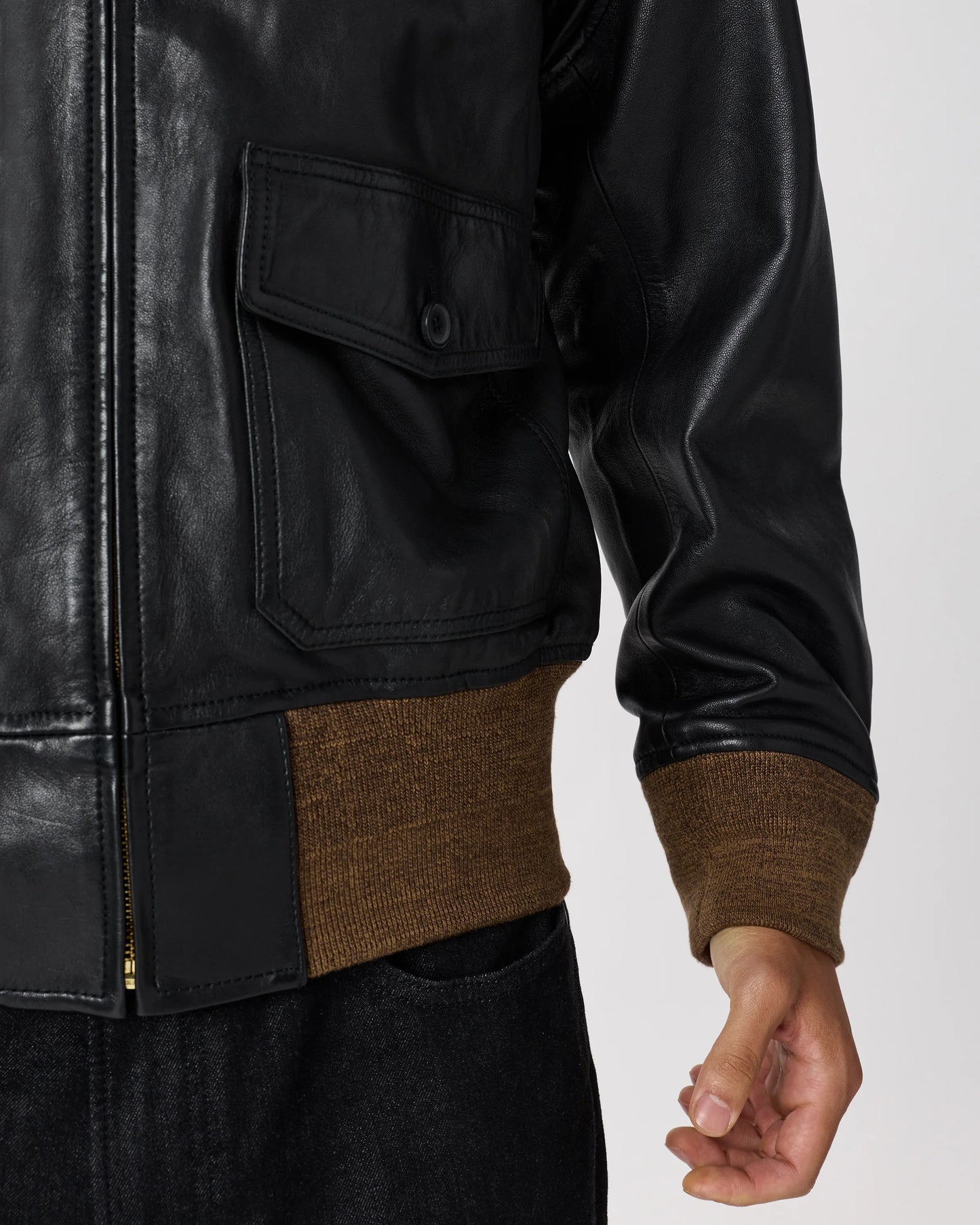 Shearling Collar Leather Flight Jacket - S / True Black