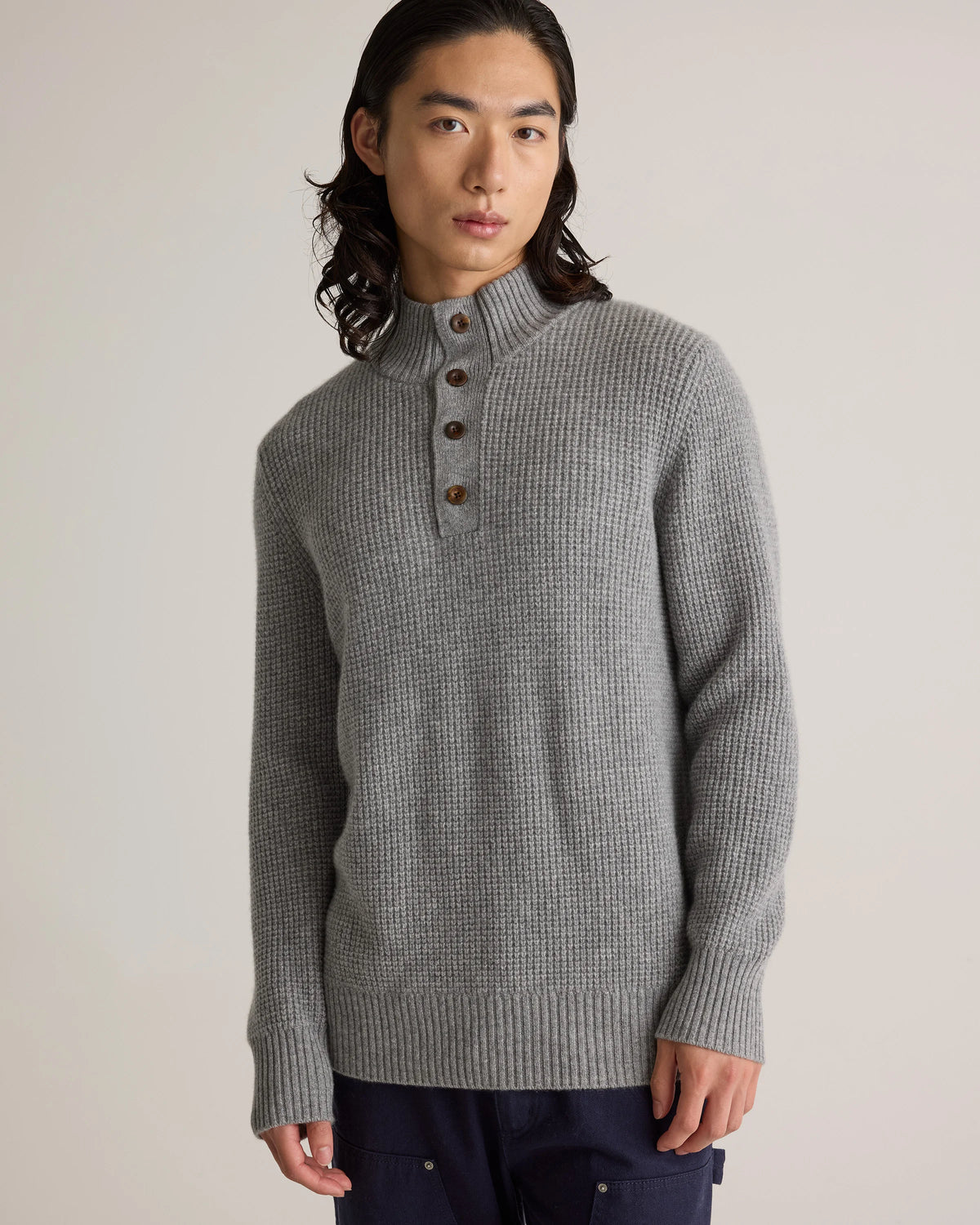 Mongolian Cashmere Waffle Quarter Button Sweater - S / Elk Brown