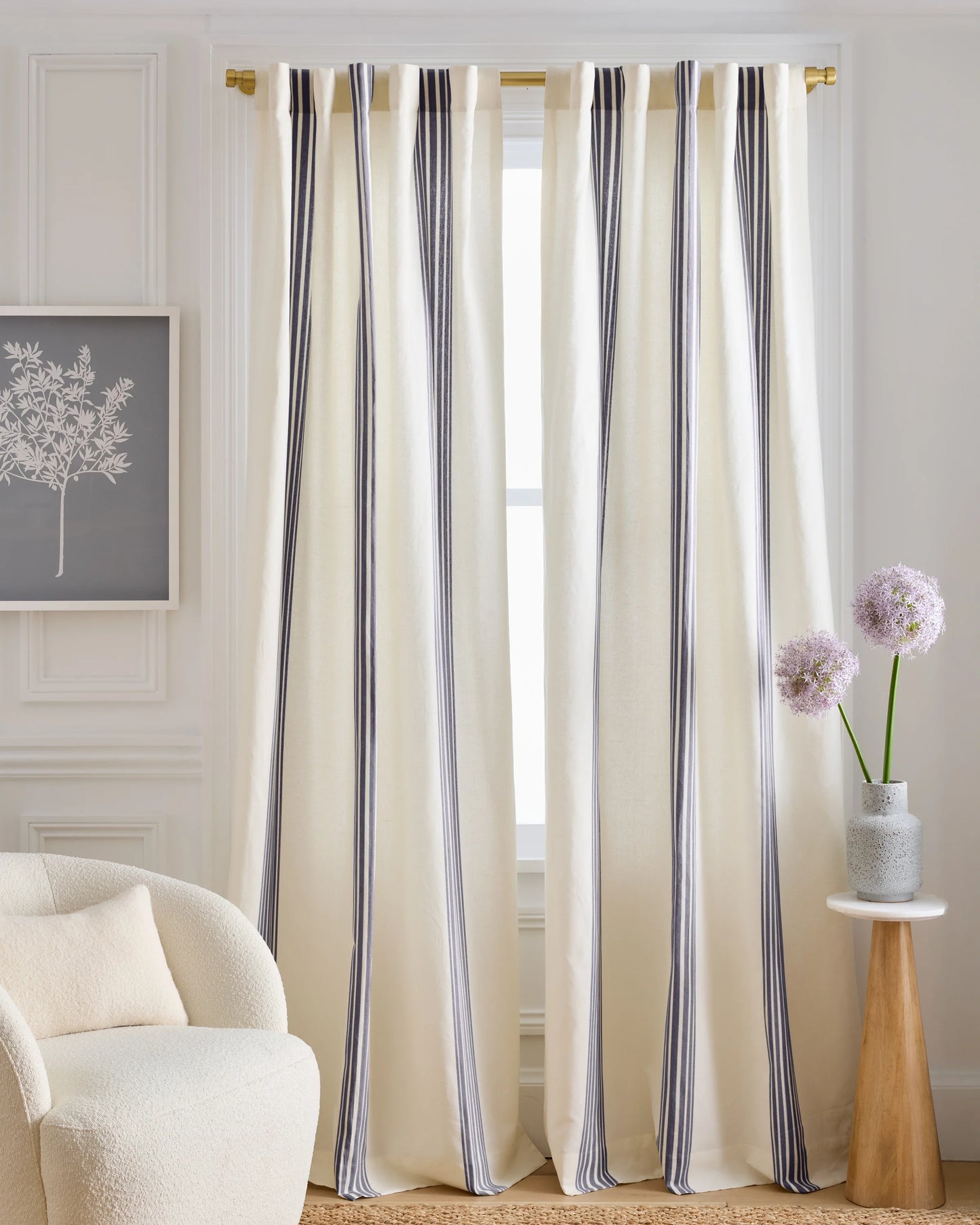 Coastal Stripe Linen Cotton Curtain - Single Panel - 48x84 / Ivory/Fog