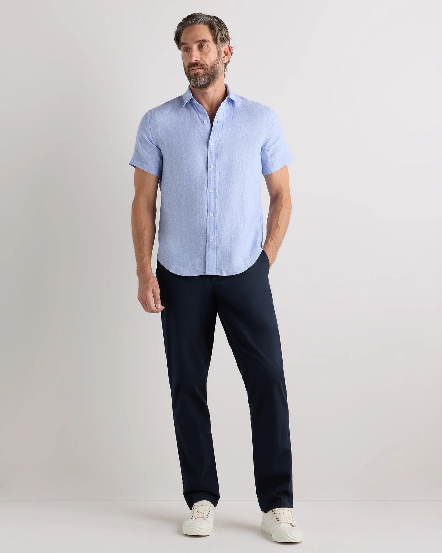 100% European Linen Relaxed Short Sleeve Shirt - XS / Taupe Brown Chambray