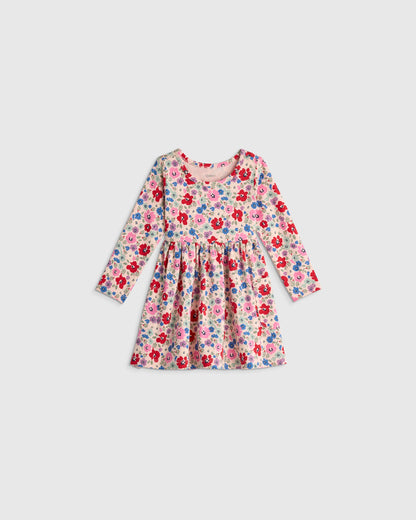 Organic Cotton Long Sleeve Fit and Flare Pocket Dress - 12-18M / Purple Poppy Garden