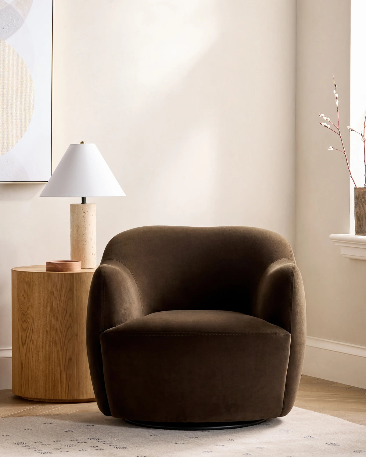 Performance Velvet Curved Arm Swivel Chair - One Size / Java