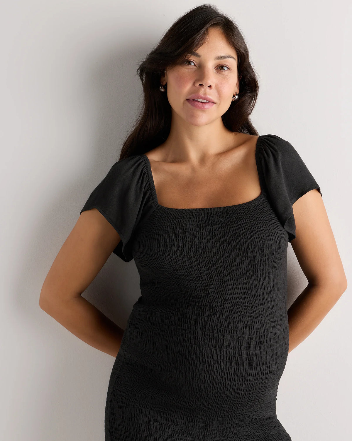 Lightweight Crepe Smocked Flutter Sleeve Maternity Dress - XS / Shell Pink