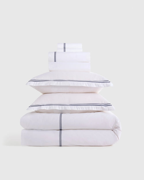 Organic Crisp Percale Embellished Deluxe Bedding Bundle - Twin / White/Navy