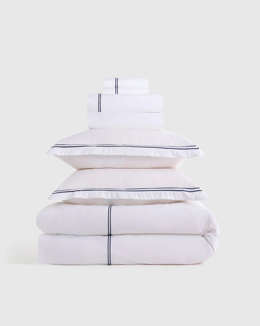 Organic Crisp Percale Embellished Deluxe Bedding Bundle - Twin / White/Navy
