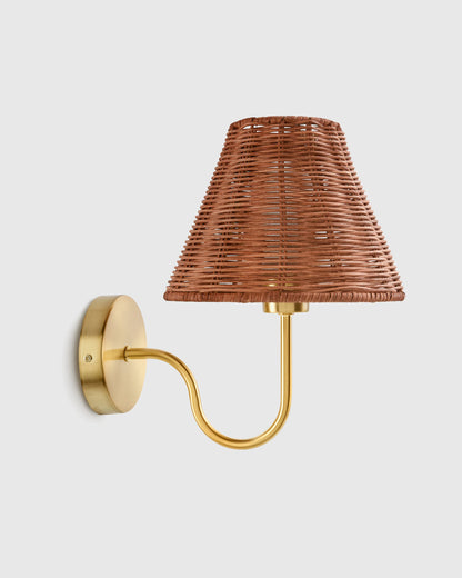 Curved Iron Sconce with Rattan Shade - One Size / Light Brown