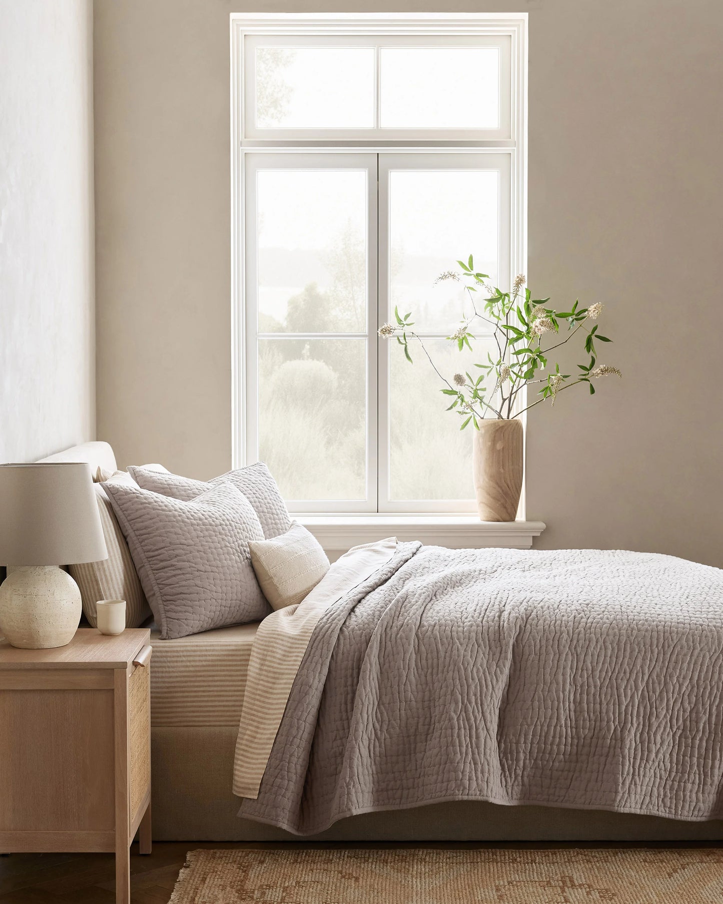 European Linen Cotton Stitch Quilt - Twin / Stone
