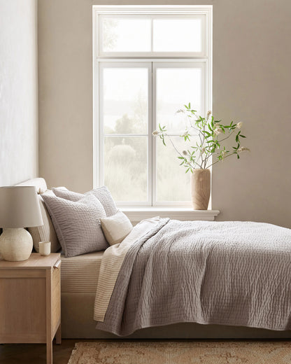European Linen Cotton Stitch Quilt - Twin / Stone