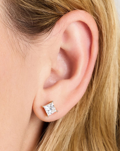 14K Gold Lab Grown Diamond Princess Solitaire Studs - 2ctw - One Size / Yellow Gold