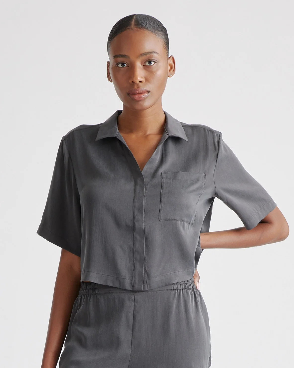 100% Washable Silk Pajama Button Up Top - XS / Charcoal