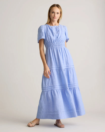 100% European Linen Tiered Maxi Dress - XS / Ivory Porcelain Blue Petite Floral