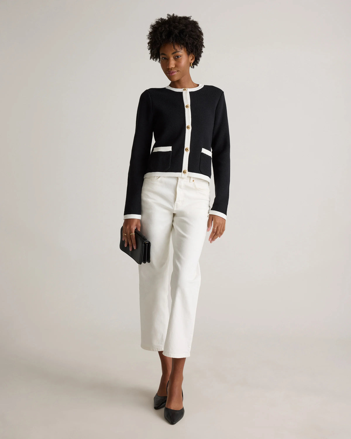 100% Organic Cotton Sweater Jacket - XS / Black/Ivory Colorblock