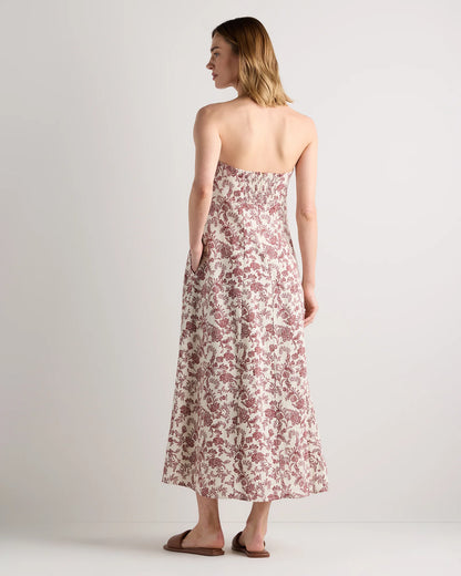 100% European Linen Strapless Maxi Dress - XS / Brick Red Heirloom Floral