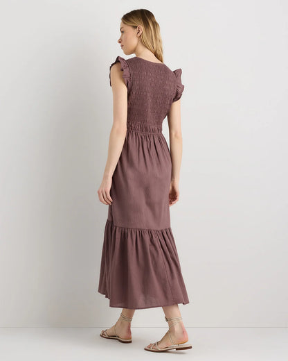 Organic Textured Cotton Smocked V-Neck Midi Dress - XS / Pale Custard Yellow