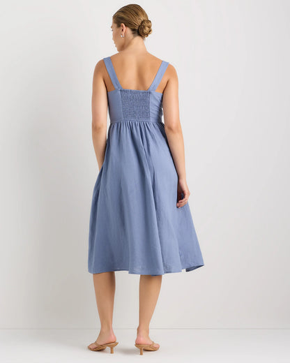 100% European Linen Fit & Flare Midi Dress - XS / Brick Red Heirloom Floral