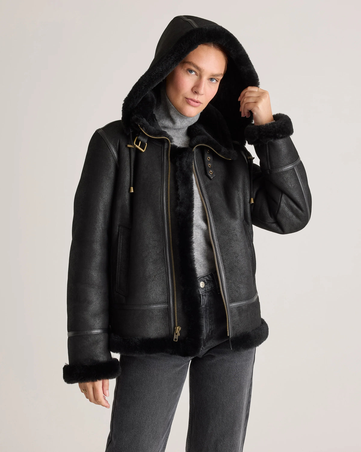 100% Shearling Cold Weather Bomber Jacket - XS / Black