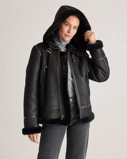 100% Shearling Cold Weather Bomber Jacket - XS / Black