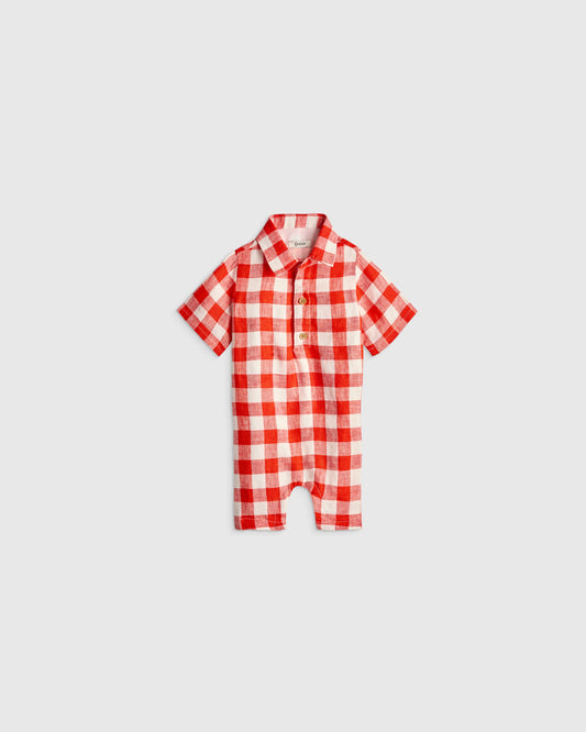 100% Linen Button Front Romper - 0-3M / Picnic Gingham