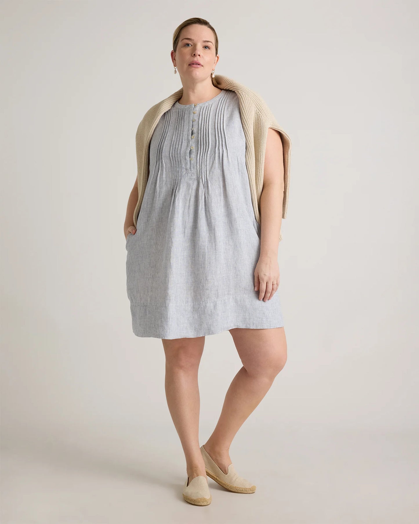 100% European Linen Sleeveless Swing Dress - 1X / Bayberry Olive