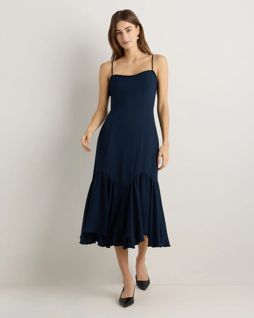Lightweight Crepe Pleated Hem Midi Dress - XS / Deep Navy